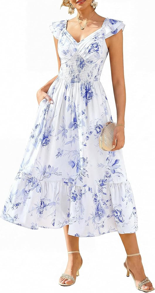 GRACE KARIN Women's Summer Floral Maxi Dress 2026 Ruffle Sleeve Smocked Sundress Flowy Wedding Gu... | Amazon (US)