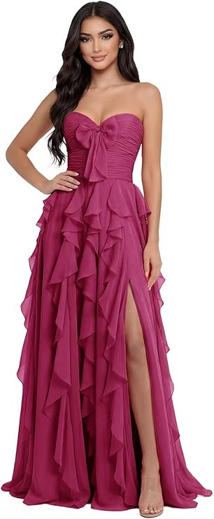Chiffon Prom Dresses 2026 for Women with Bow Ruffles Sweetheart Neck Pleated A-Line Long Formal G... | Amazon (US)