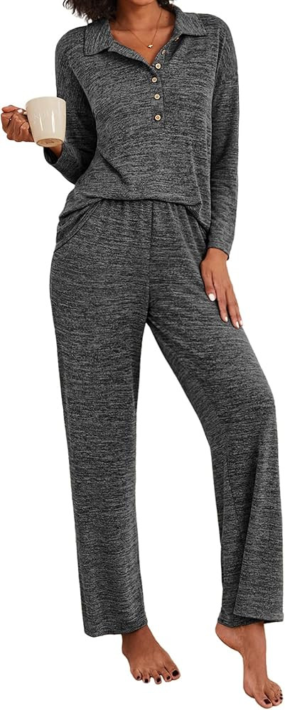 Ekouaer Women's Pajamas Set 2 Piece Knit Long Sleeve Button Down Sleepwear Soft Pjs Lounge Sets S... | Amazon (US)