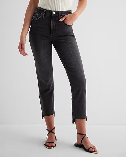 High Waisted Washed Black Raw Hem Flexx Straight Ankle Jeans | Express