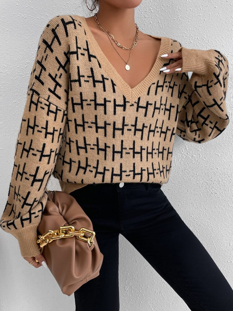 Allover Pattern Drop Shoulder Sweater | SHEIN