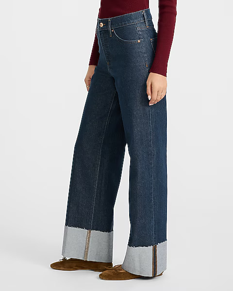 High Waisted Dark Wash Cuffed Wide Leg Jeans | Express