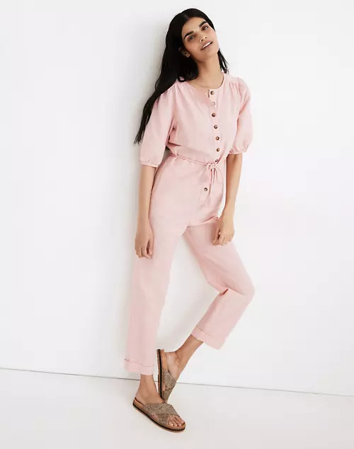 Linen-Blend Puff-Sleeve Tassel-Tie Jumpsuit | Madewell