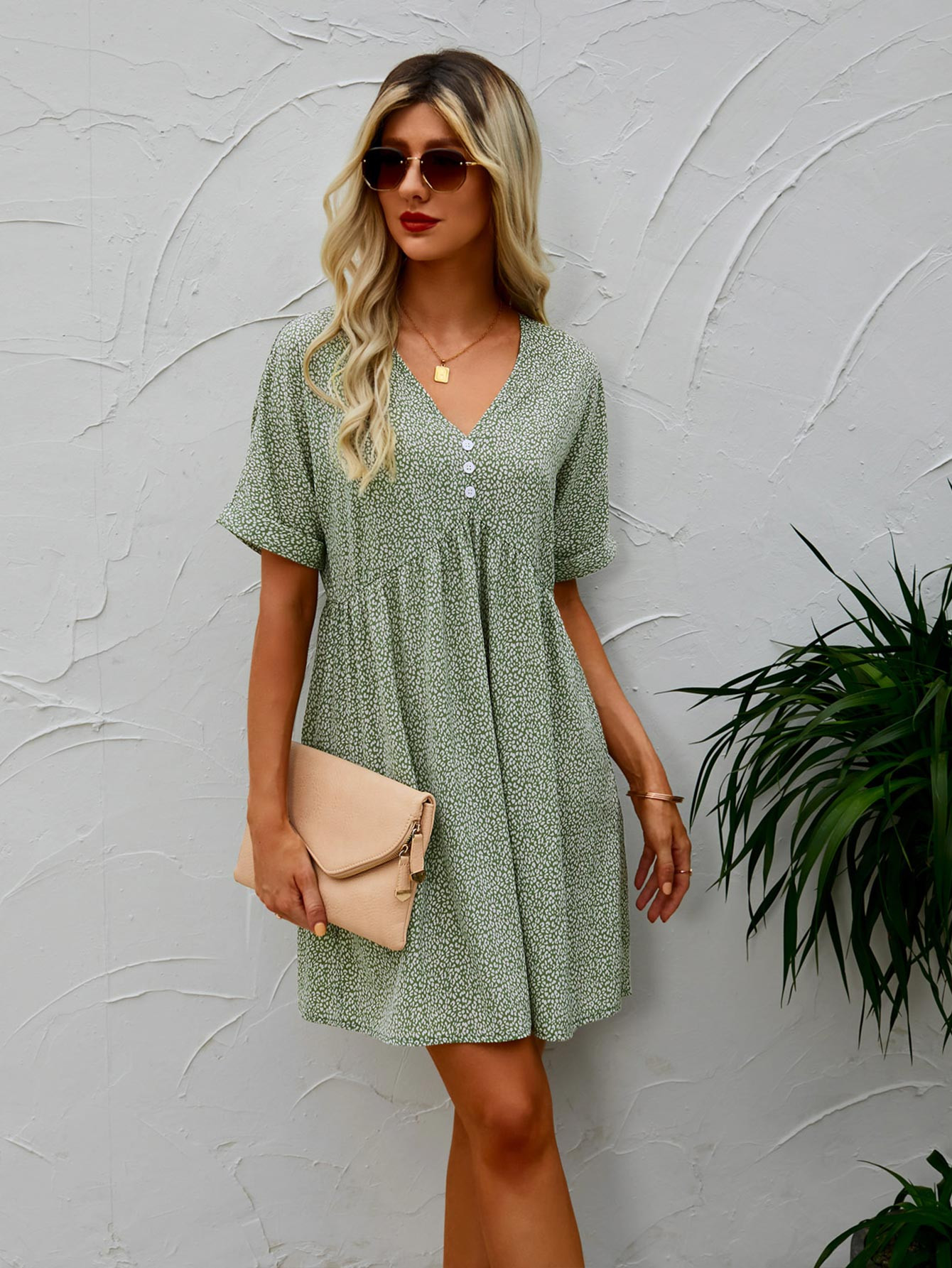 V-neck Rolled Cuff Babydoll Dress | SHEIN