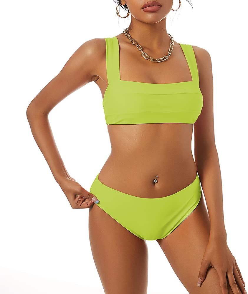 ZAFUL Wide Straps Neon Bandeau Bikini Sets for Women Padded High Cut Two Pieces Bathing Suits Cheeky | Amazon (US)