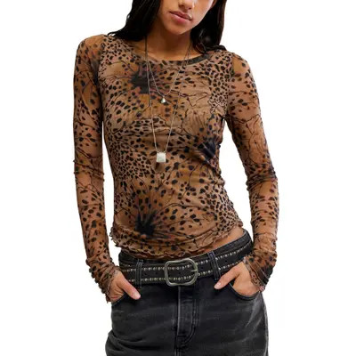 Free People Lilly Print Long Sleeve Mesh Top in Black Combo at Nordstrom, Size Small | Nordstrom