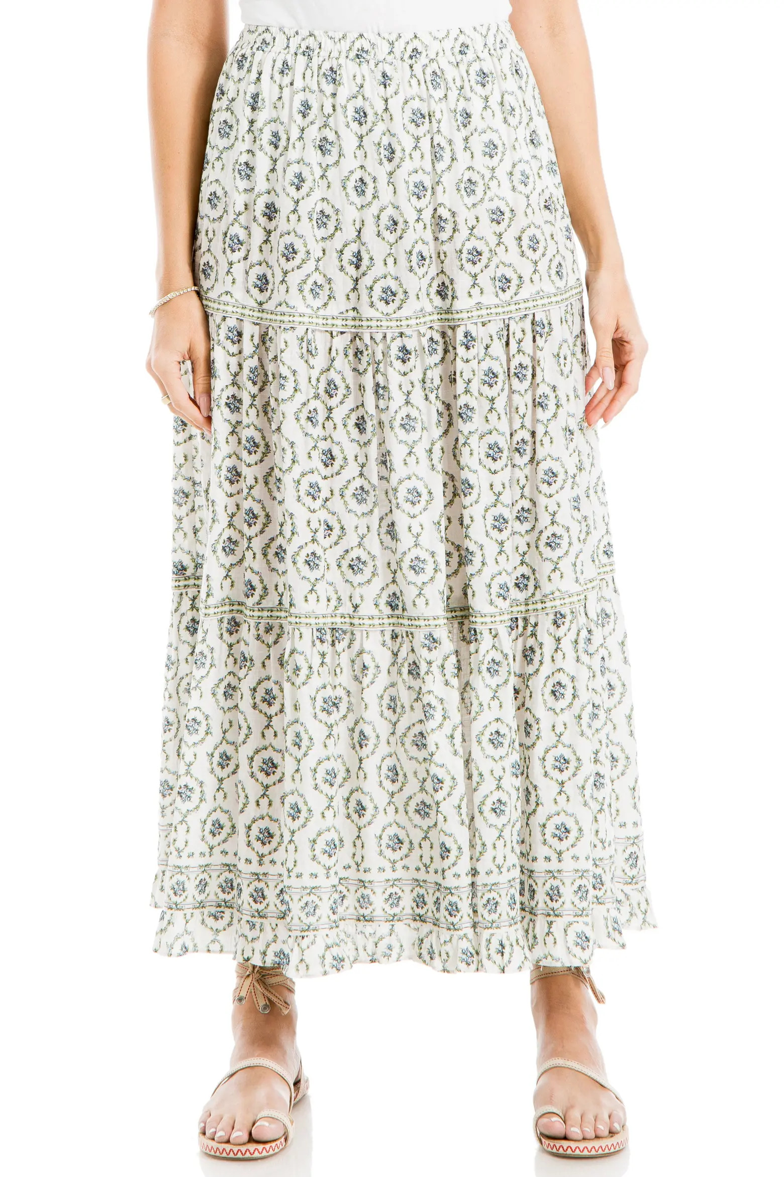Floral Wreath Print Tiered Cotton Blend Maxi Skirt (Women) | Nordstromrack | Nordstrom Rack