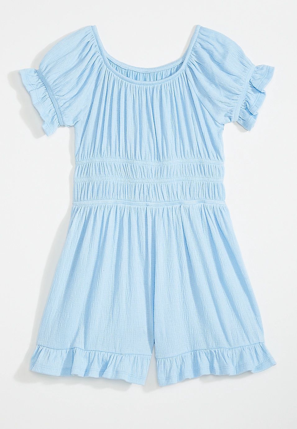 Girls Ruched Solid Puff Sleeve Romper | Maurices