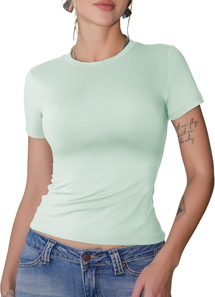 GAYHAY Womens Basic T Shirts Crew Neck Short Sleeve Slim Fitted Tees Y2K Cute Trendy Summer Crop ... | Amazon (US)