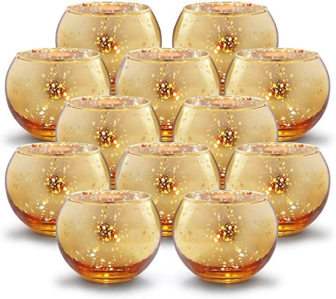 Amazon.com: Volens Round Gold Votive Candle Holders, Mercury Glass Candle Holder Set of 12 : Home... | Amazon (US)