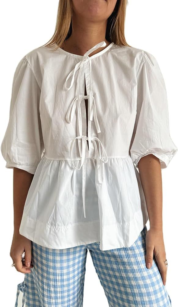 Women Y2k Front Tie Top 3/4 Puff Sleeve Peplum Shirt 3 Bow Tie Blouse Babydoll Tops Cute Summer R... | Amazon (US)