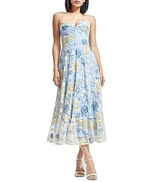 Dress the Population Sequin Floral Sweetheart Strapless Bustier Fit and Flare Midi Dress - L | Dillard's