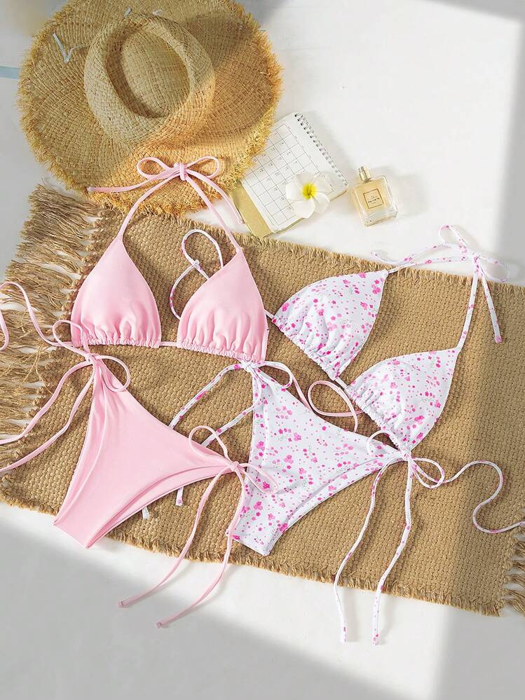 Swim Mod 2pcs Spring Break Women's Halter Halter 2 Pieces Ditsy Floral Bikini Swimwears, Minimalist Design For Beach Vacation For Summer | SHEIN
