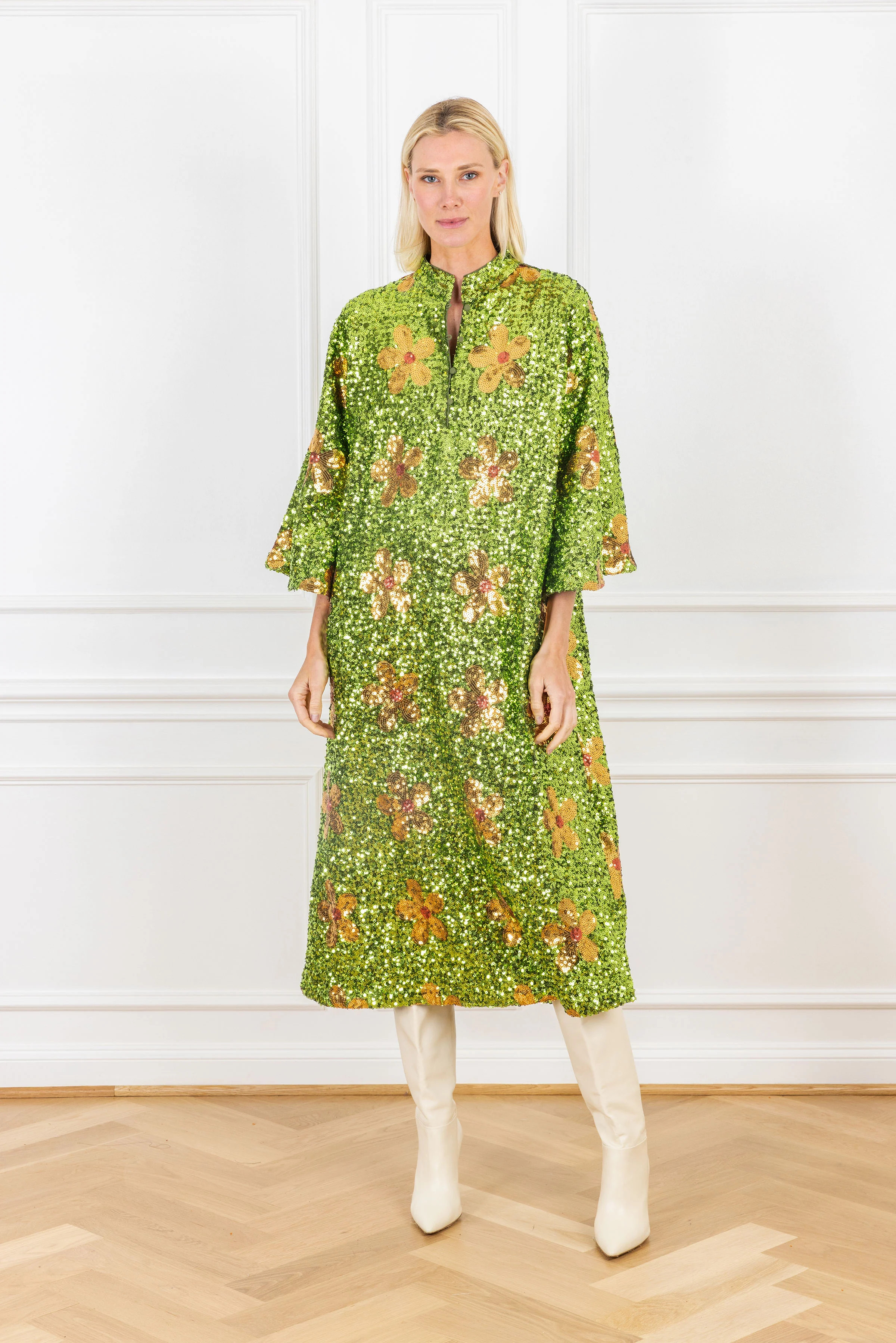 Golden Green Sequin Maxi Caftan | La Vie Style House