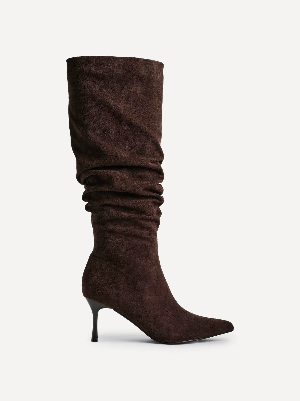 Boots | Rosenna Brown Suede Ruched High Leg Heeled Boot | Linzi | Debenhams UK