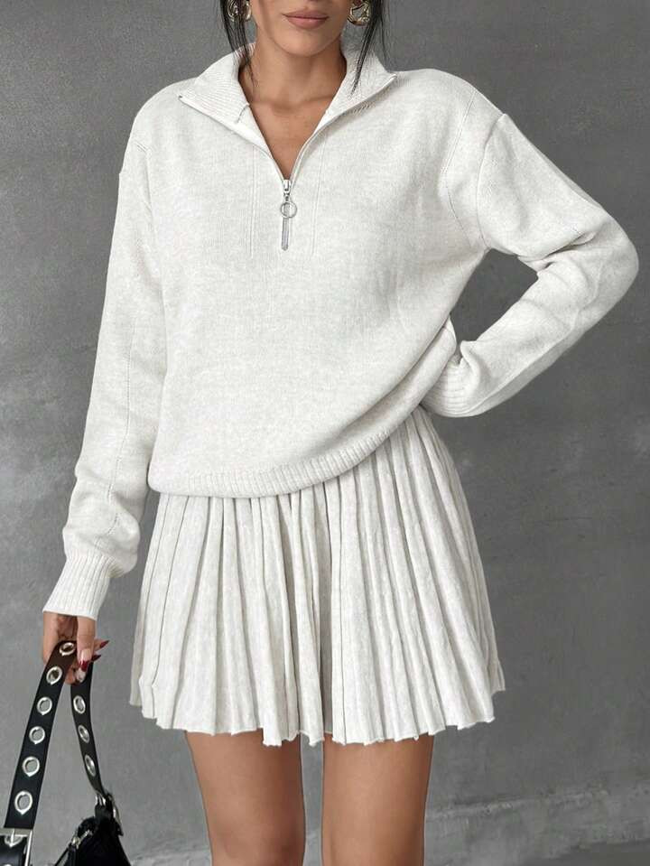 Women Solid Color Zipper Neck Drop Shoulder Pullover & Sweater Skirt Set | SHEIN
