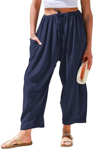 TARSE Womens Linen Wide Leg Pants Casual Loose Drawstring Summer Beach Travel Vacation Palazzo Ha... | Amazon (US)