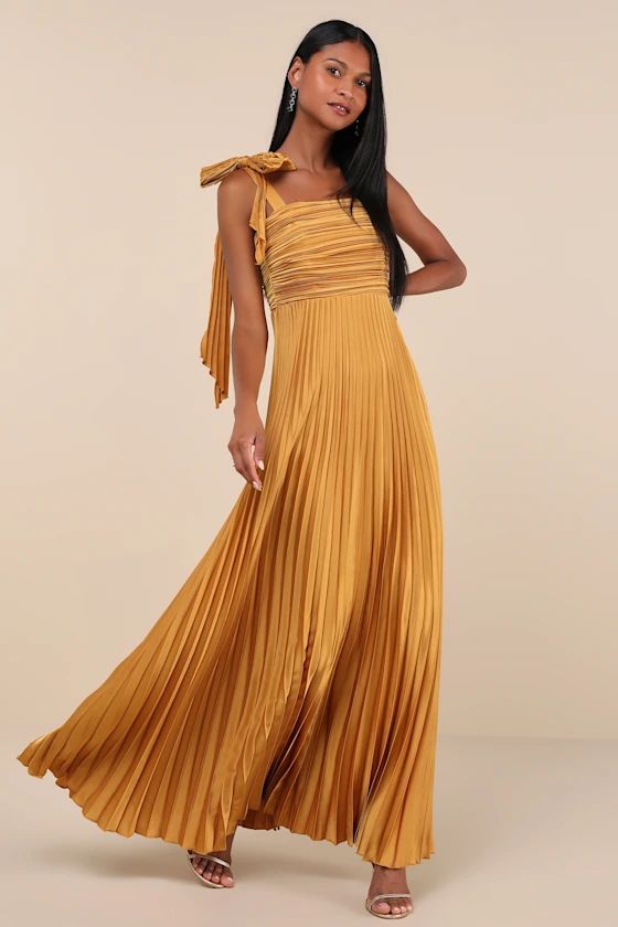 Gorgeous Purpose Gold Satin Pleated Sleeveless Bow Maxi Dress | Lulus