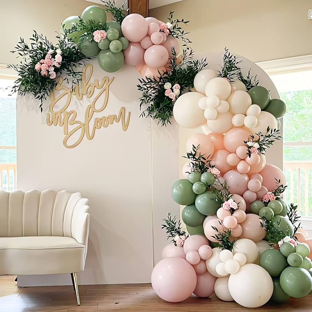 Baby in Bloom Balloon Arch Kit 139pcs Pastel Sage Green and Pink Balloon Garland for Boho Baby in... | Amazon (US)