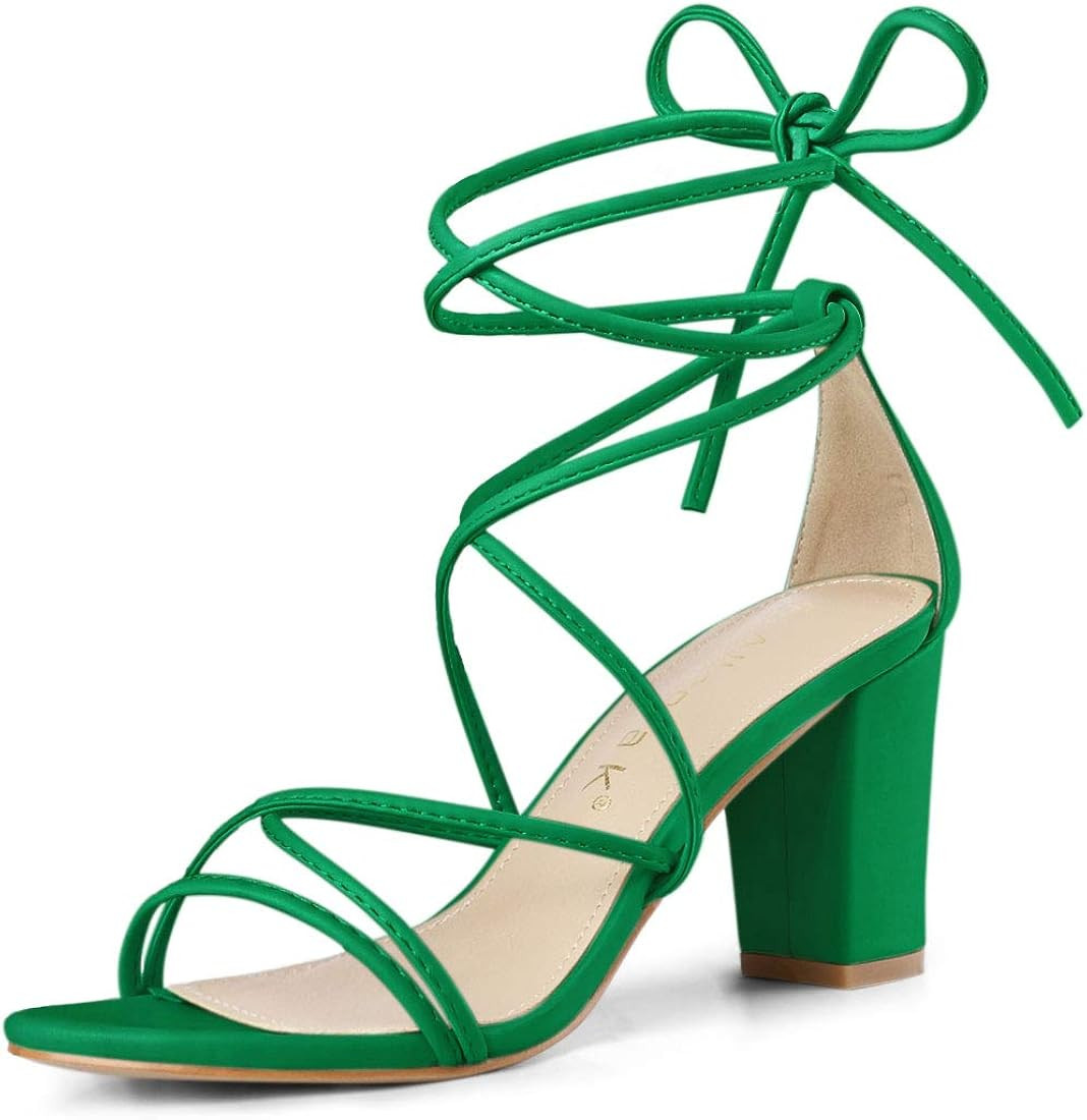 Allegra K Women's Strappy Straps Lace Up Chunky Heel Sandals | Amazon (US)