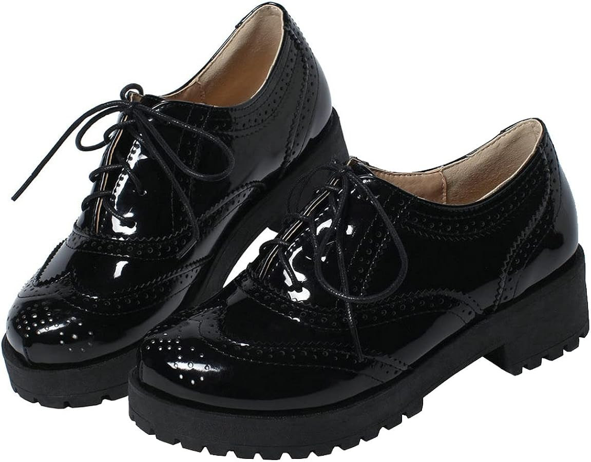 Agodor Women's Lace up Wingtip Oxford Shoes Chunky Heel Platform Vintage Round Toe Brogue Shoes f... | Amazon (US)