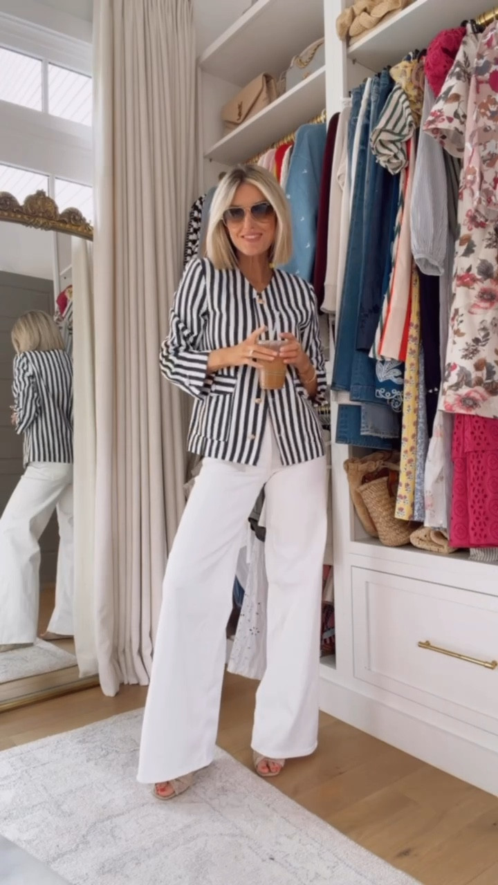 What a fun blazer 😍 an investment piece, but will last you forever! A timeless staple like a striped blazer will never go out of style. I love the gold buttons on this one and the unique pocket detail. Wearing s in blazer and 4 in jeans. 

Loverly grey, work outfit ideas, workwear women spring, how to style stripe blazer, timeless capsule spring wardrobe 

#LTKSeasonal #LTKWorkwear