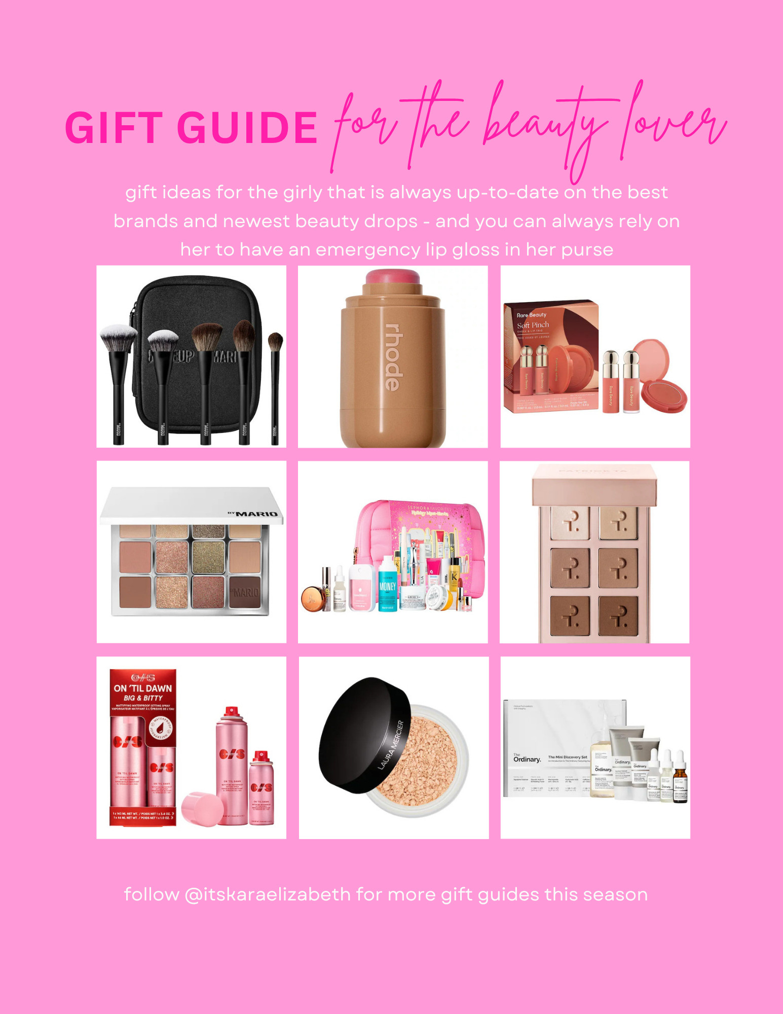 ✨🎁 Beauty Lover’s Gift Guide 2025 🎁✨

If you’re shopping for the beauty lover in your life (or treating yourself 👀), these picks are absolute must-haves! 💄✨

💫 Mario’s Essential Cosmetic Brush Set – The perfect blend of luxury and precision. These brushes make every makeup look flawless.
🌸 Rhode Pocket Blush – A creamy, hydrating flush that melts into your skin for that effortless, dewy glow.
💖 Rare Beauty Soft Pinch Cheek & Lip Trio – Multi-use minis that bring the softest pop of color anywhere you go.
🌿 Makeup by Mario Ethereal Eyes Palette: Nature – Dreamy, neutral tones that create the most stunning, everyday-to-glam looks.
🎀 Sephora Favorites Holiday Must-Have Value Set – The ultimate sampler for discovering your next holy-grail products.
🌆 Patrick Ta Major Dimension Essential Artistry Palette – A warm, dimensional palette every makeup lover needs in their collection.
💧 One/Size On ’Til Dawn Mattifying Setting Spray Duo – Keeps your glam locked in all day (and night).
✨ Laura Mercier Translucent Loose Setting Powder – The OG for a reason. Smooth, soft-focus perfection in a jar.
🧴 The Ordinary Mini Discovery Set – Skincare staples that deliver serious results without breaking the bank.

There are even more beauty favorites linked on my LTK page — head there to shop them all 💋 #LTKbeauty #GiftGuide #HolidayBeauty 

 #LTKGiftGuide #LTKHoliday #LTKBeauty