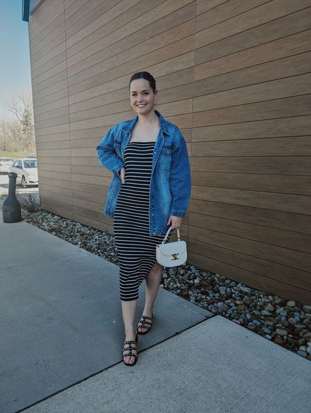 Date lunch for my birthday! Paired this stretchy strapless striped dress with and oversized denim jacket. Perfect for chilly spring weather! 

#LTKstyletip #LTKmidsize #LTKfindsunder50