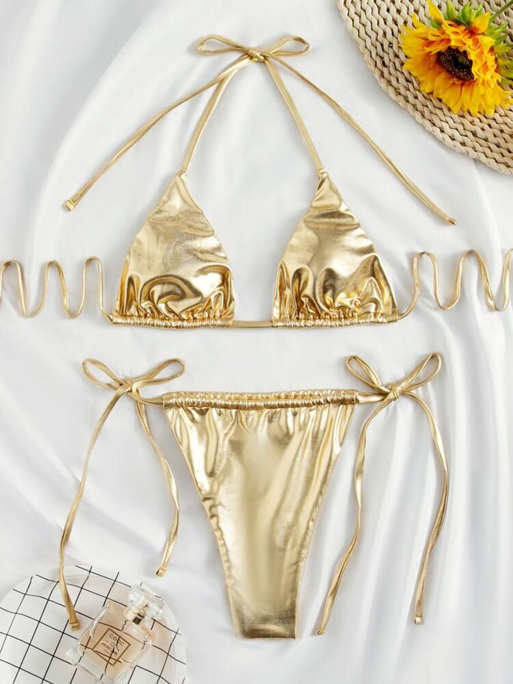 Metallic Micro Triangle Thong Bikini Swimsuit | SHEIN