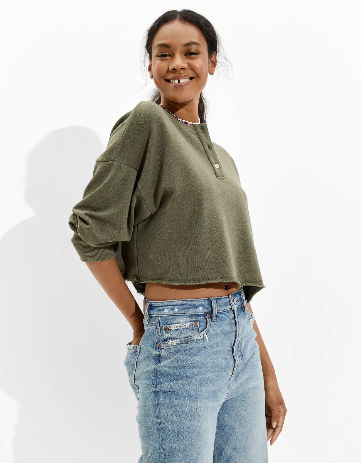 AE Fleece Cropped Henley Neck Sweatshirt | American Eagle Outfitters (US & CA)