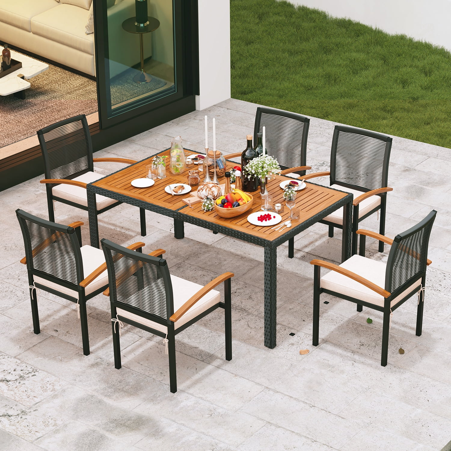 7 Pieces Outdoor Table and Chairs Outdoor Patio Furniture Set Wicker Patio Dining Sets for 6 Pati... | Walmart (US)