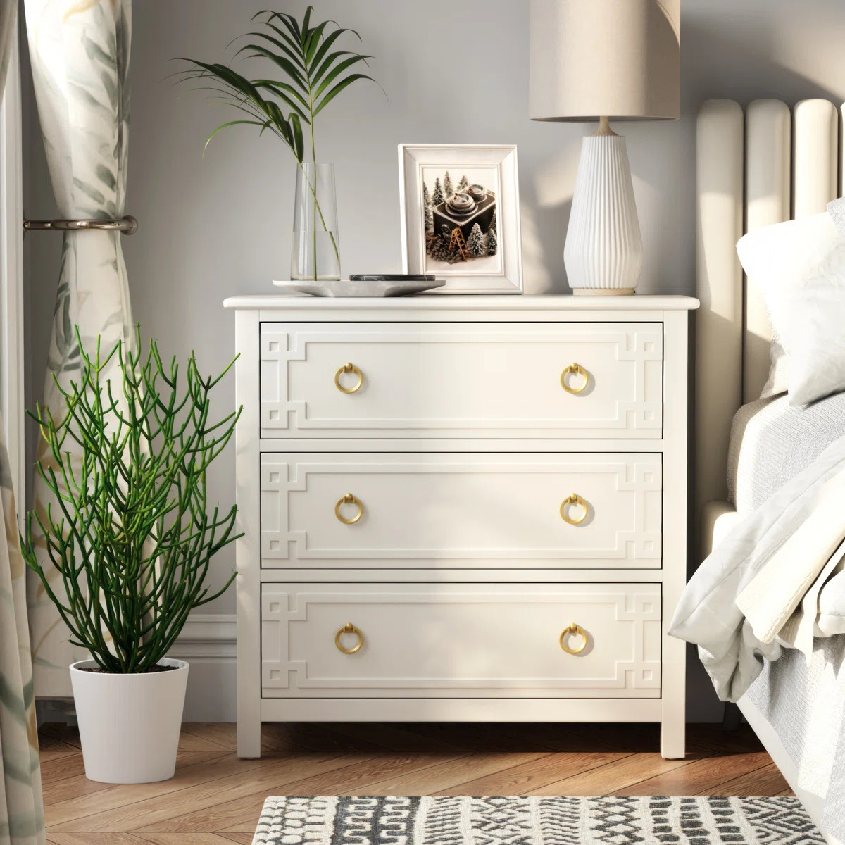 Farmhouse White 3-Drawer Dresser,  French Country Chest Of Drawers With Embossed Geometric Lines | Wayfair North America