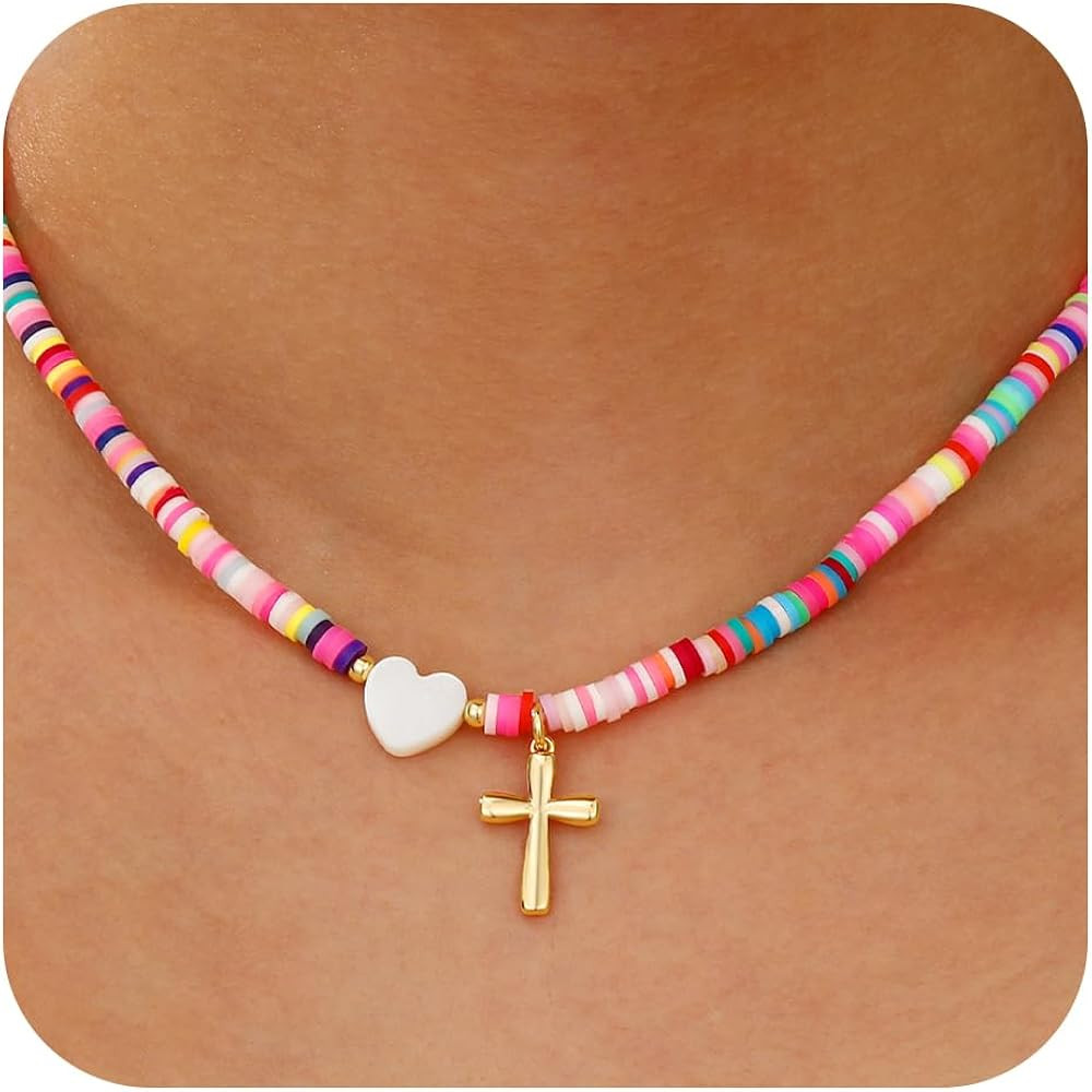 Easter Basket Stuffers - Colorful Beaded Cross Necklace for Girl Women, 18K Gold Plated Pendant B... | Amazon (US)