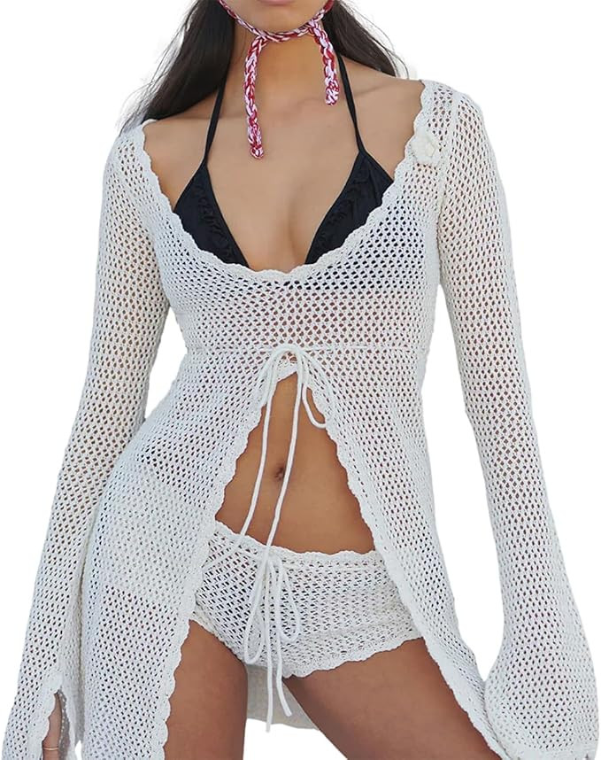 Women Crochet Tunic Beach Cover Up Sexy Front Slit Tie Waist Bikini Bathing Suit Long Sleeve Knit... | Amazon (US)