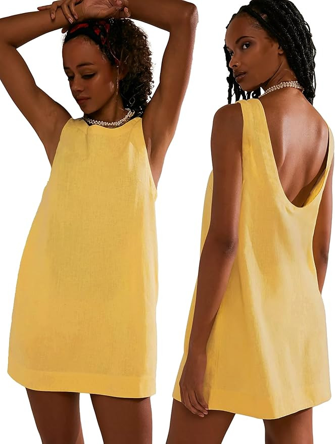 VIUTIL Womens Summer Linen Mini Dress Boat Neck Low Back Sleeveless Tank Dresses with Pockets 202... | Amazon (US)