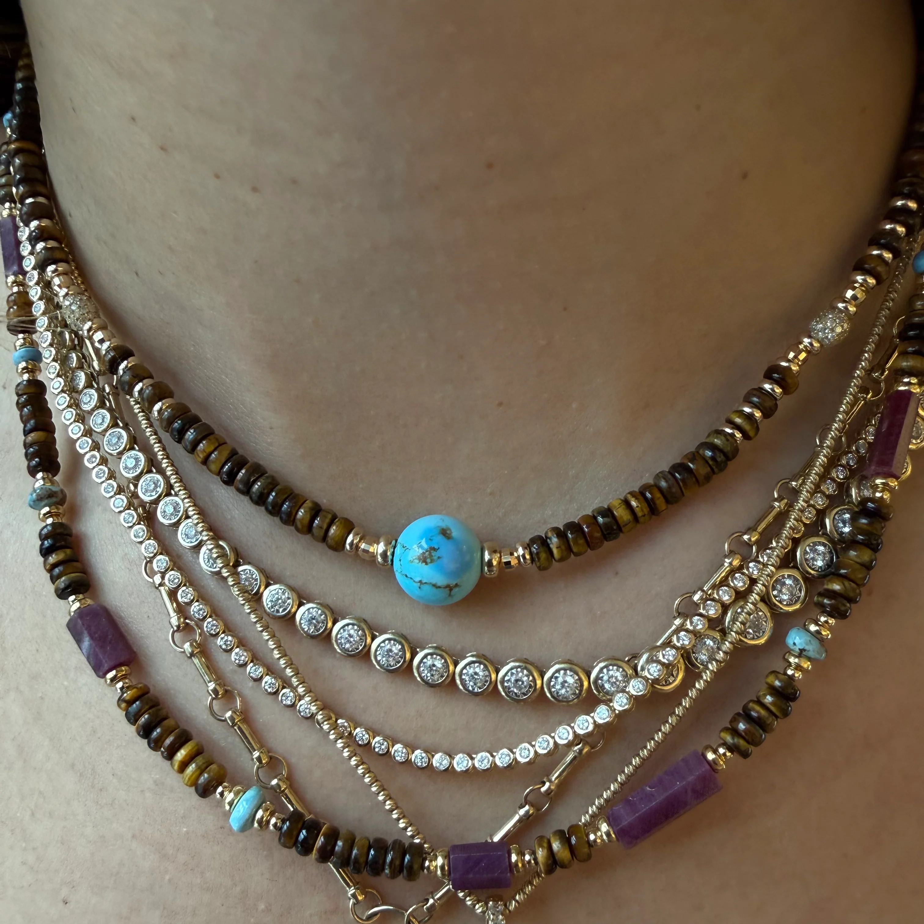 TIGERS EYE, TURQUOISE AND DIAMOND BEAD NECKLACE – SHAKTI | SHAKTI JEWELRY