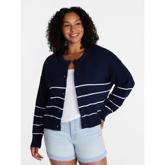 Time and Tru Women's Striped Cardigan Sweater with Long Sleeves, Sizes XS-XXXL | Walmart (US)
