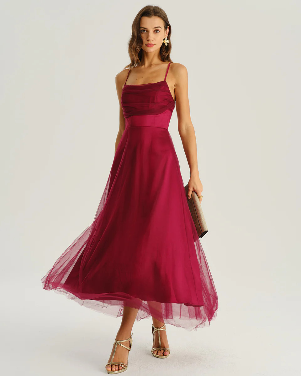 Wine Red Mesh Flowy Slip Midi Dress | rihoas.com