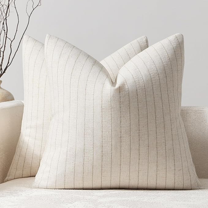 Pack of 2 Linen Striped Throw Pillow Covers 18x18 Neutral Couch Pillow Cases Farmhouse Decorative... | Amazon (US)