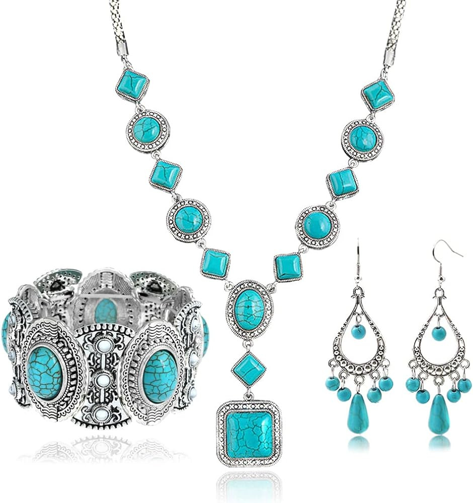 3 Pieces Bohemian Turquoise Necklace for Women Western Jewelry Boho Turquoise Necklace Set Turquo... | Amazon (US)
