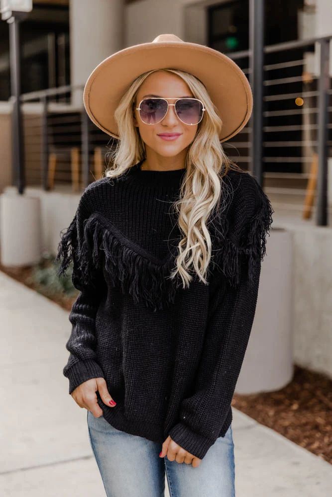 Love You Like I Do Black Fringe Sweater | The Pink Lily Boutique