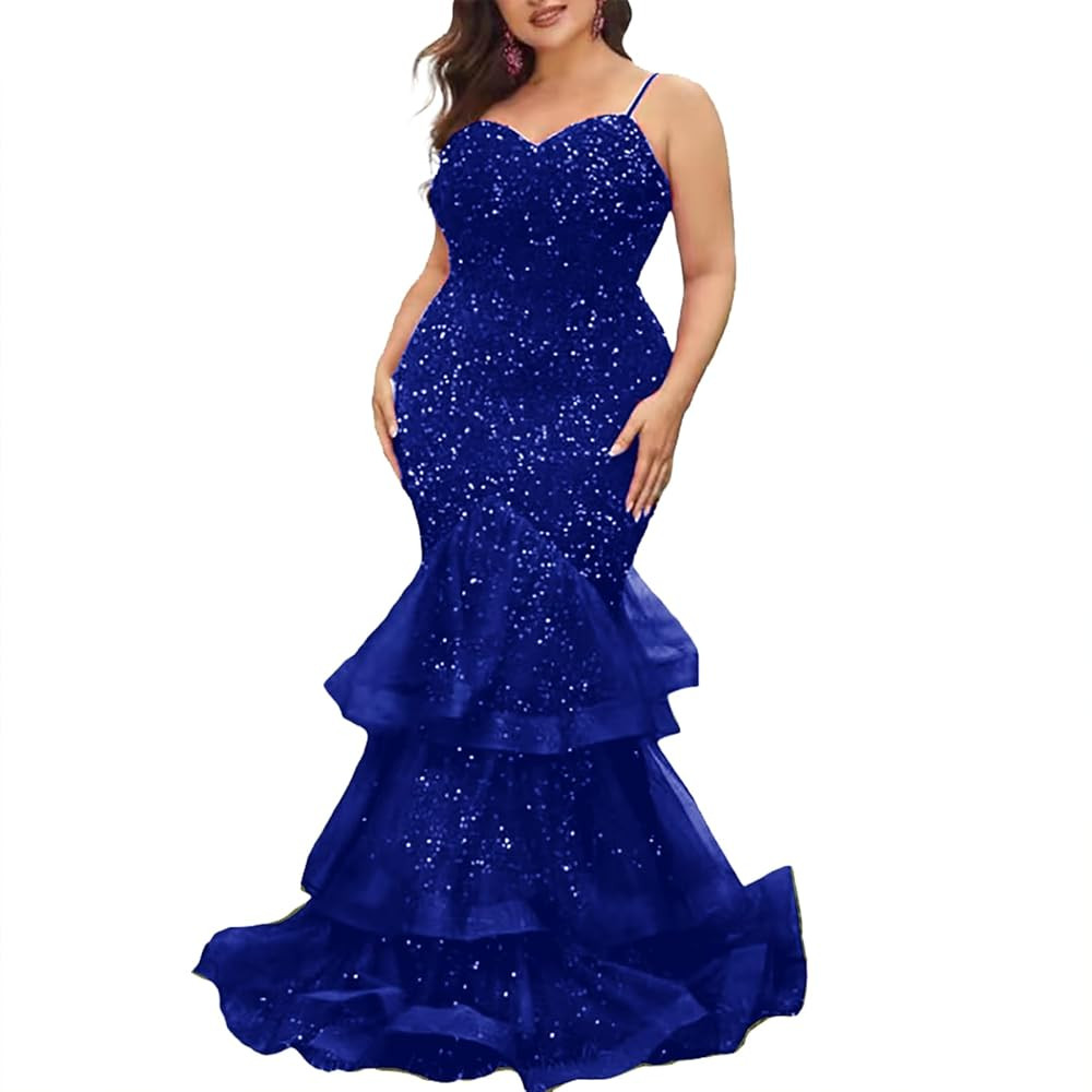 Women Sexy Sequin Spaghtti Straps Prom Dresses Mermaid Sling Layered Tulle Cocktail Party Maxi Dr... | Amazon (US)