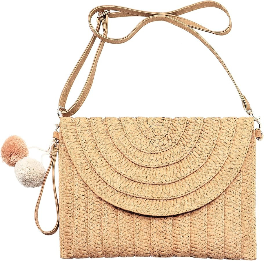 Straw Crossbody Bag Straw Brown Shoulder Bag Casual Beach Straw Handmade Bag for Women | Amazon (US)