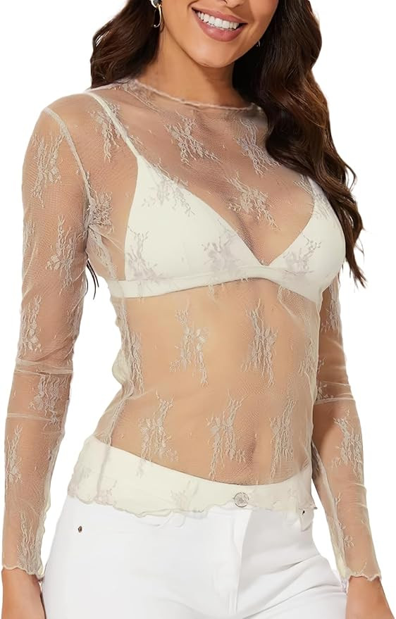 WIHOLL Womens Mesh Sheer Tops Sexy Crew Neck Summer Loose FIt Party Clubwear Shirts | Amazon (US)