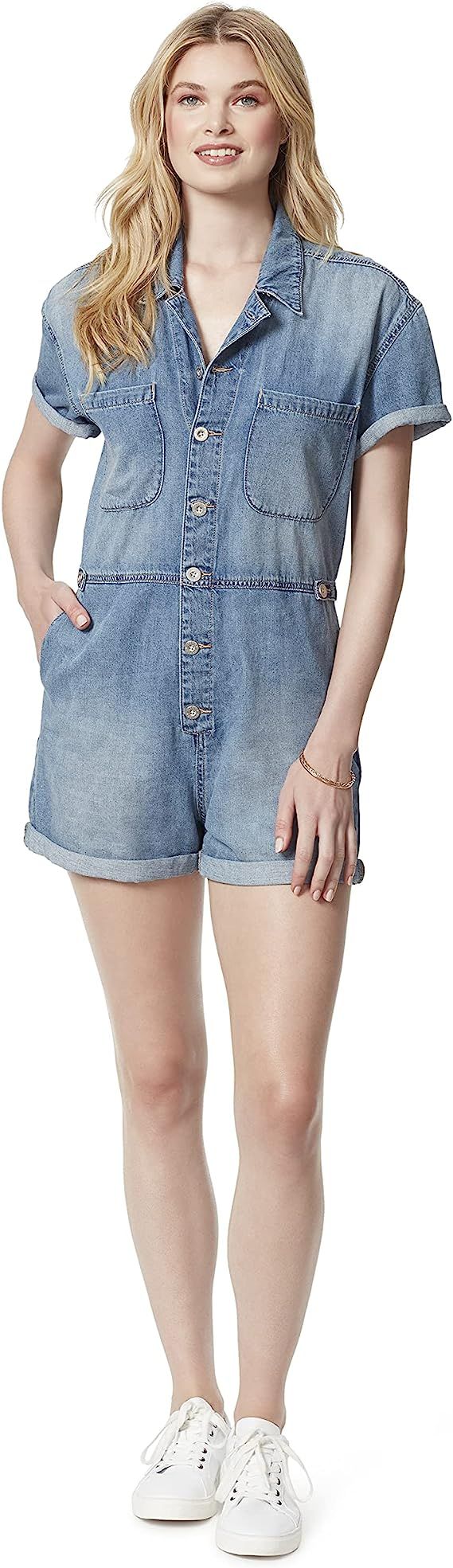 Jessica Simpson Womens Christen Short Sleeve Button Romper | Amazon (US)