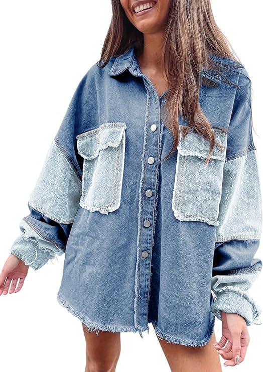 Dokotoo Jean Jacket Women Oversized Patchwork Fashion 2023 Shacket Jacket Women Long Boyfriend Bu... | Amazon (US)