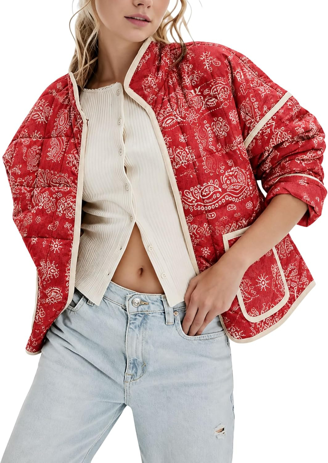 Women Cropped Quilted Jacket Floral Printed Lightweight Puffer Coat | Amazon (US)