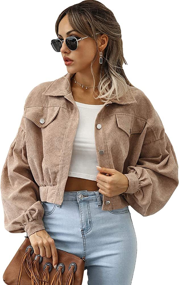 Qiaomai Womens Corduroy Jacket Loose Button Up Puff Sleeve Cropped Solid Jacket Coat | Amazon (US)