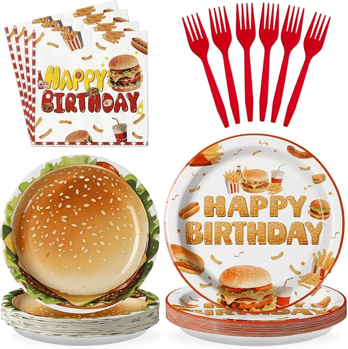 96Pcs BBQ Birthday Party Decoration Fast Food Hamburger Plates and Napkins Disposable Barbecue Su... | Amazon (US)