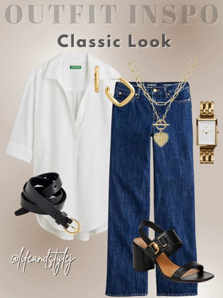 Timeless elegance outfit inspo. Discover the perfect blend of sophistication and style with this chic ensemble. Oversized shirt, popped collar, dark wash jean, your favourite heel and accessorize with gold. #ClassicStyle #FashionInspo 

#LTKstyletip #LTKover40 #LTKfindsunder100